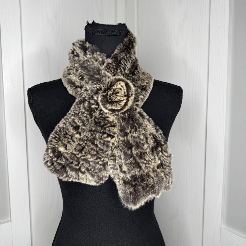 Renoma Neck Scarf Women OS Brown Rex Rabbit Fur Rosette Pull‎ Through FFT 972